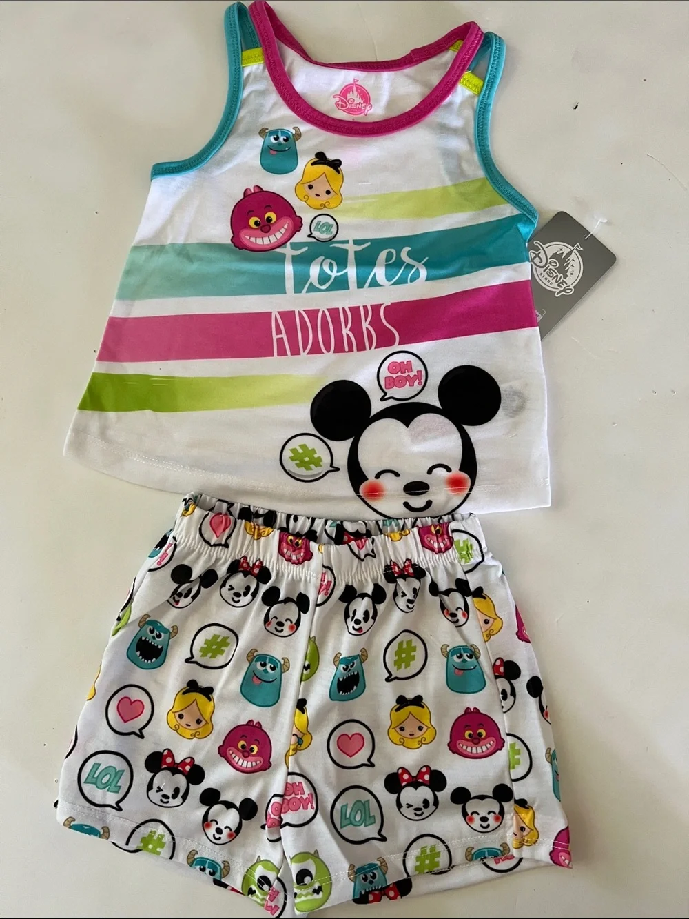 Disney Girls White Tank & Multicolor Mickey Emoji Pajama Set
